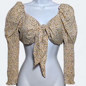 Love Tree Floral Puff Long Sleeve Tie Front Crop Top Ivory Yellow Cottagecore